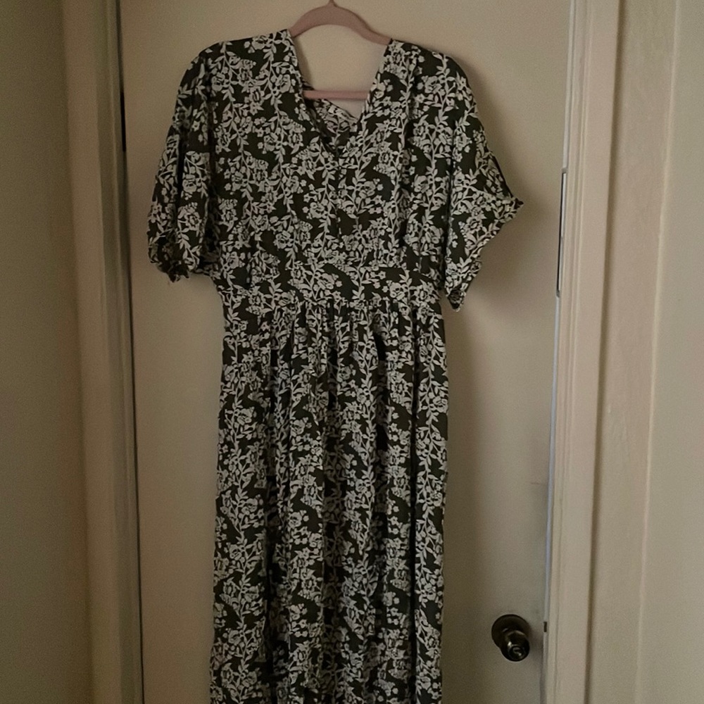 olive and white printed long dress very flowy